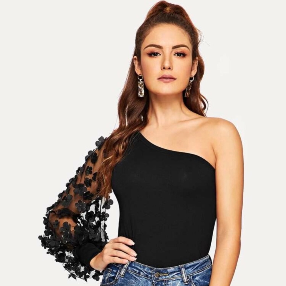 One Shoulder Top with Flower appliqués